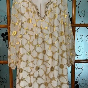 Lilly Pulitzer Colby Sleeved Gold and White Metallic Floral Tunic Dress size 16
